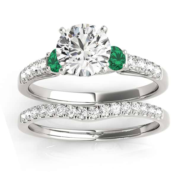 Diamond & Emerald Three Stone Bridal Set Ring 18k White Gold (0.55ct)