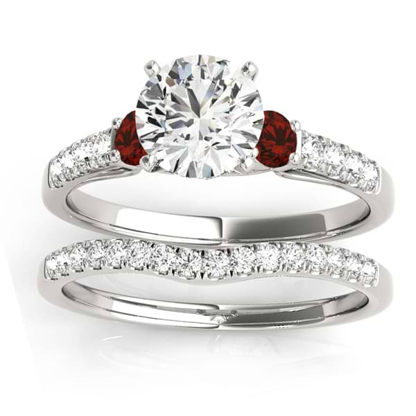 Diamond & Garnet Three Stone Bridal Set Ring 18k White Gold (0.55ct)