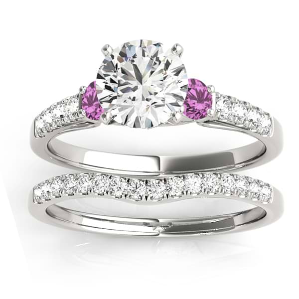 Diamond & Pink Sapphire Three Stone Bridal Set Ring 14k White Gold (0.55ct)