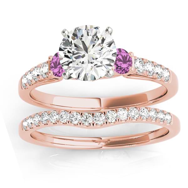 Diamond & Pink Sapphire Three Stone Bridal Set Ring 18k Rose Gold (0.55ct)