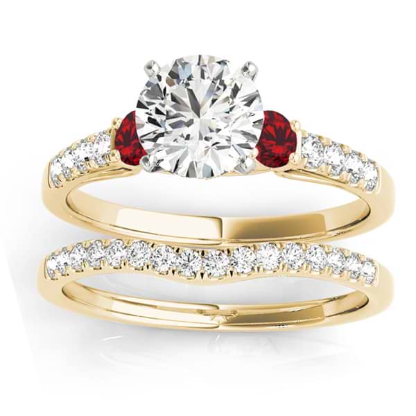 Diamond & Ruby Three Stone Bridal Set Ring 14k Yellow Gold (0.55ct)