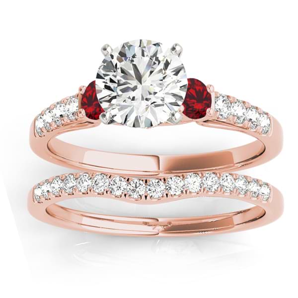 Diamond & Ruby Three Stone Bridal Set Ring 18k Rose Gold (0.55ct)