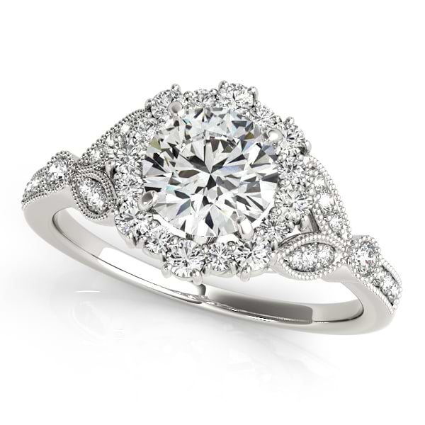 Halo Diamond Floral Engagement Ring Side Stones 14k White Gold 0.98ct