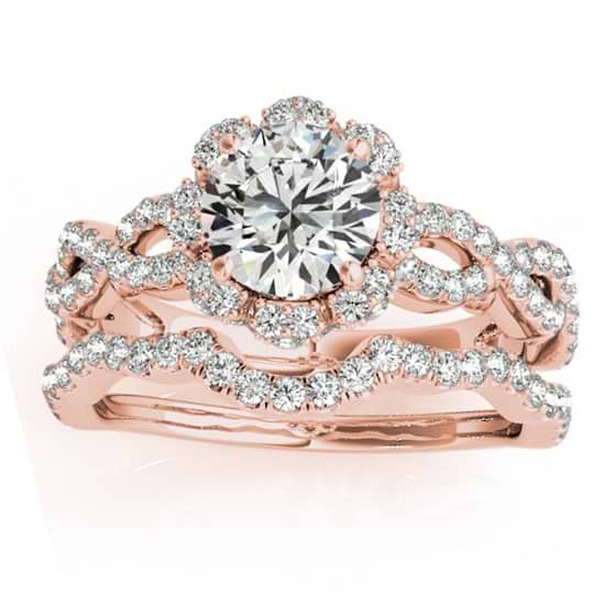 Halo Diamond Engagement & Wedding Rings Bridal Set 18k R. Gold 0.83ct