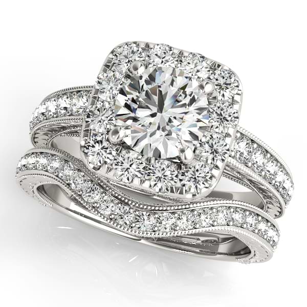 Square Diamond Halo Engagement Ring & Wedding Band 14k W. Gold 1.17ct