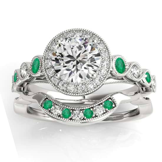 Emerald & Diamond Halo Bridal Set Setting 14K White Gold (0.54ct)