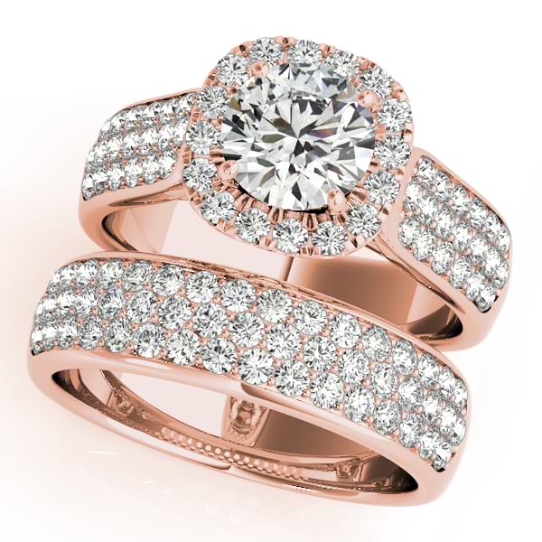 Three Row Halo Diamond Engagement Ring Bridal Set 18k R. Gold (2.38ct)