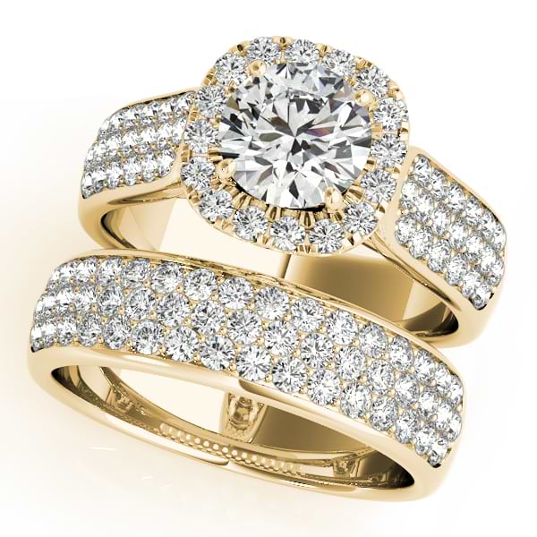 Three Row Halo Diamond Engagement Ring Bridal Set 18k Y. Gold (2.38ct)