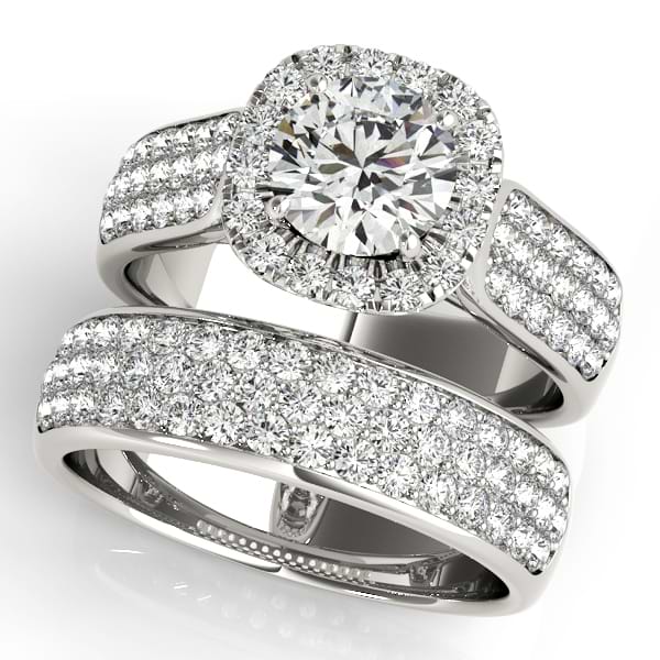 Three Row Halo Diamond Engagement Ring Bridal Set Platinum (2.38ct)