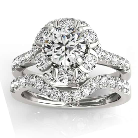 Flower Halo Diamond Ring and Band Bridal Set 14k White Gold 1.21ct