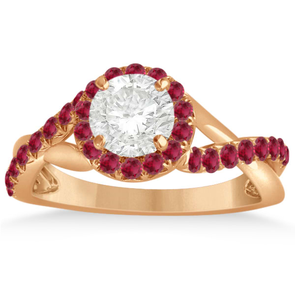 Twisted Shank Halo Ruby Engagement Ring Setting 14k R. Gold 0.30ct