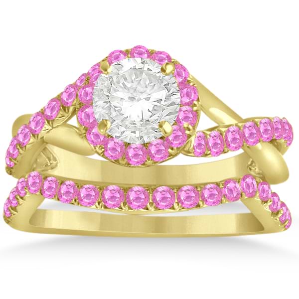 Twisted Shank Halo Pink Sapphire Bridal Set Setting 14k Y. Gold 0.50ct