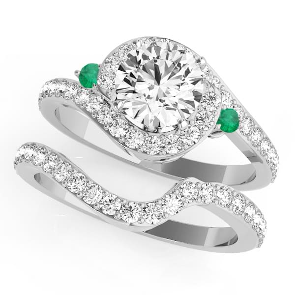 Halo Swirl Emerald & Diamond Bridal Set 14k White Gold (0.77ct)