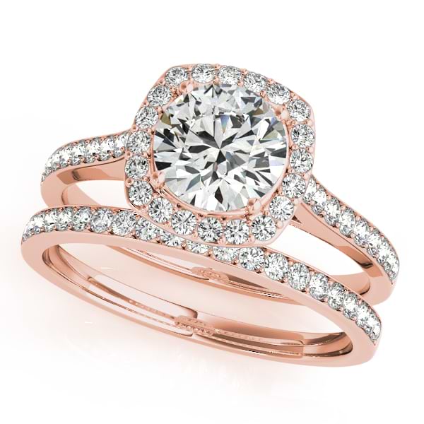 Diamond Accented Round Cut Halo Bridal Set in 14k Rose Gold (1.53ct)