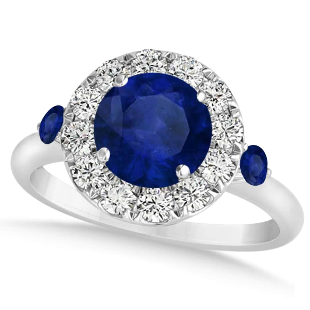 Blue Sapphire & Diamond Halo Engagement Ring 14k White Gold (1.50ct)