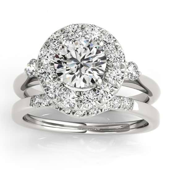 Circle Halo Diamond Bridal Set Ring & Band 14k White Gold 0.60ct