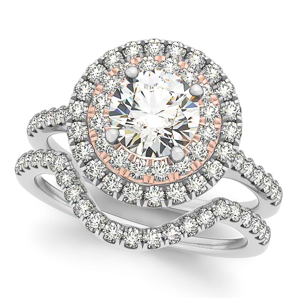 Double Halo Diamond Ring & Band Bridal Set in 14k Two Tone Gold (1.00ct)