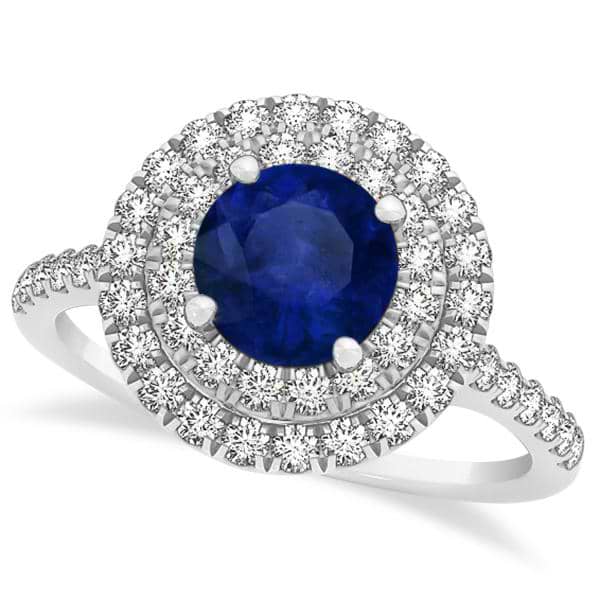 Double Halo Round Blue Sapphire Engagement Ring 14k White Gold 1.42ct