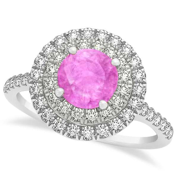 Double Halo Round Pink Sapphire Engagement Ring 14k White Gold 1.42ct