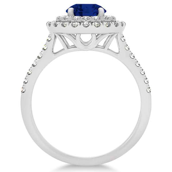 Double Halo Blue Sapphire Ring & Band Bridal Set 14k White Gold 1.59ct ...