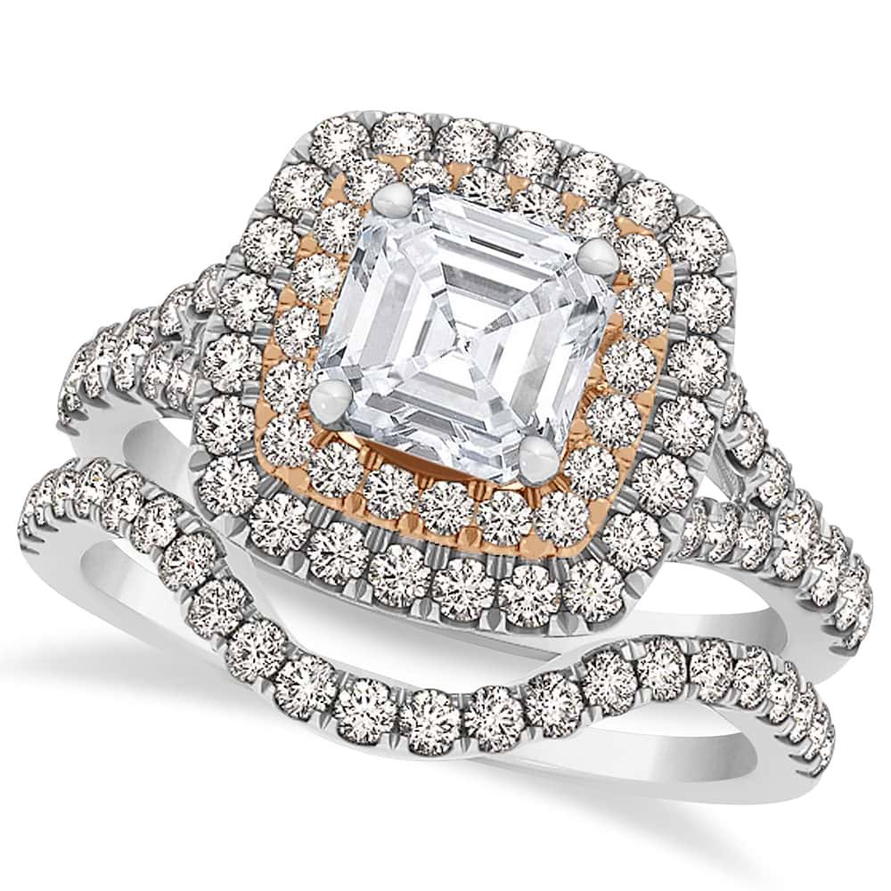 Square Halo Asschcer Diamond Bridal  Set in 14k Two-Tone Gold (1.37ct)