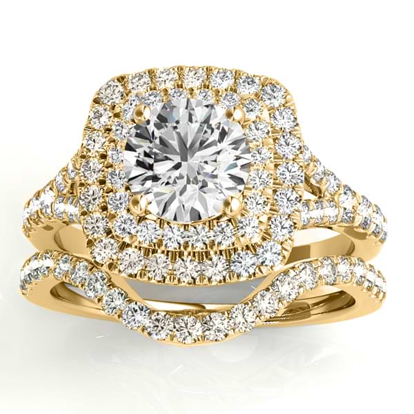 Square Double Halo Lab Grown Diamond Bridal  Set 18k Yellow Gold (0.87ct)