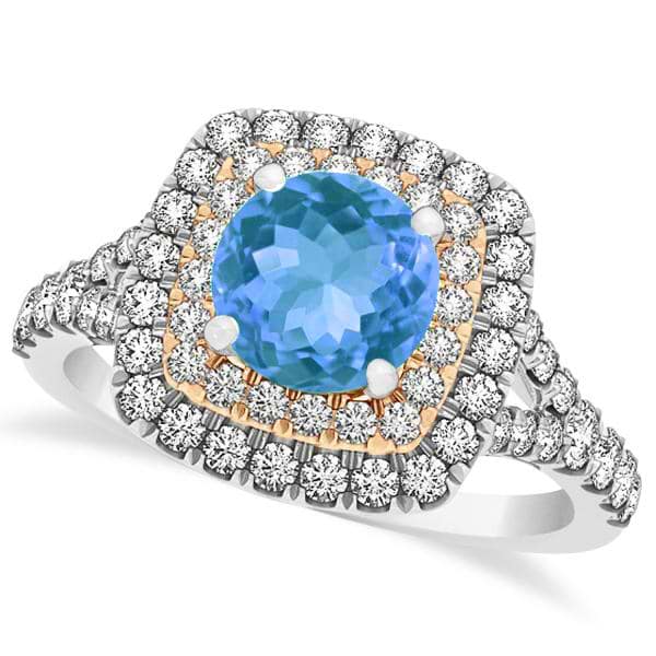 Square Double Halo Blue Topaz Engagement Ring 14k Two-Tone Gold (1.38ct)