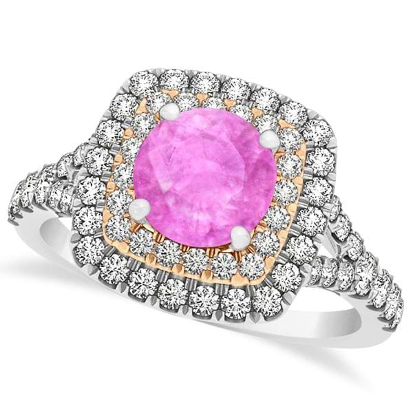 Square Double Halo Pink Sapphire Engagement Ring 14k Two-Tone Gold 1.38ct