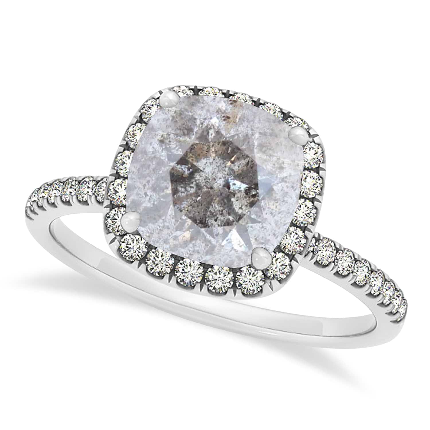 Cushion Salt & Pepper Diamond Halo Engagement Ring French Pave 14k W. Gold 2.00ct