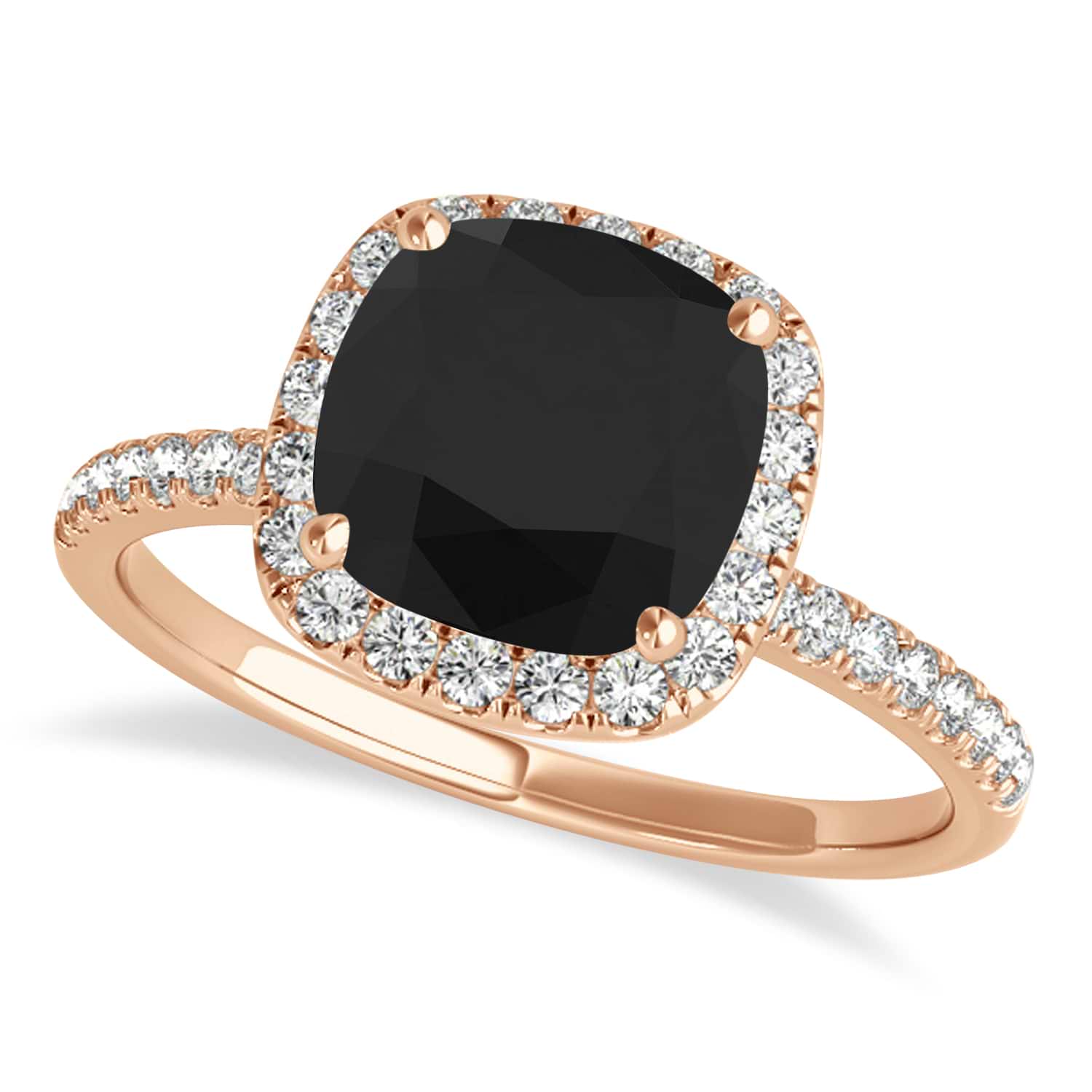 Cushion Black Diamond Halo Engagement Ring French Pave 14k R. Gold 0.70ct