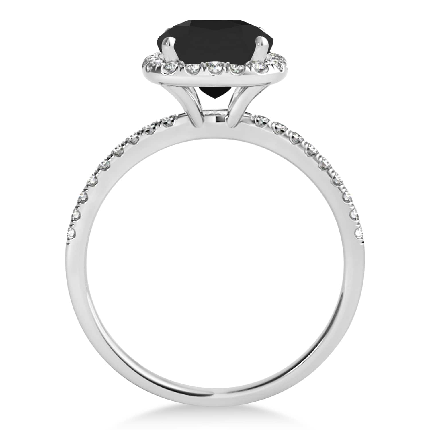 Cushion Black Diamond & Diamond Halo Engagement Ring French Pave 14k W. Gold 1.58ct