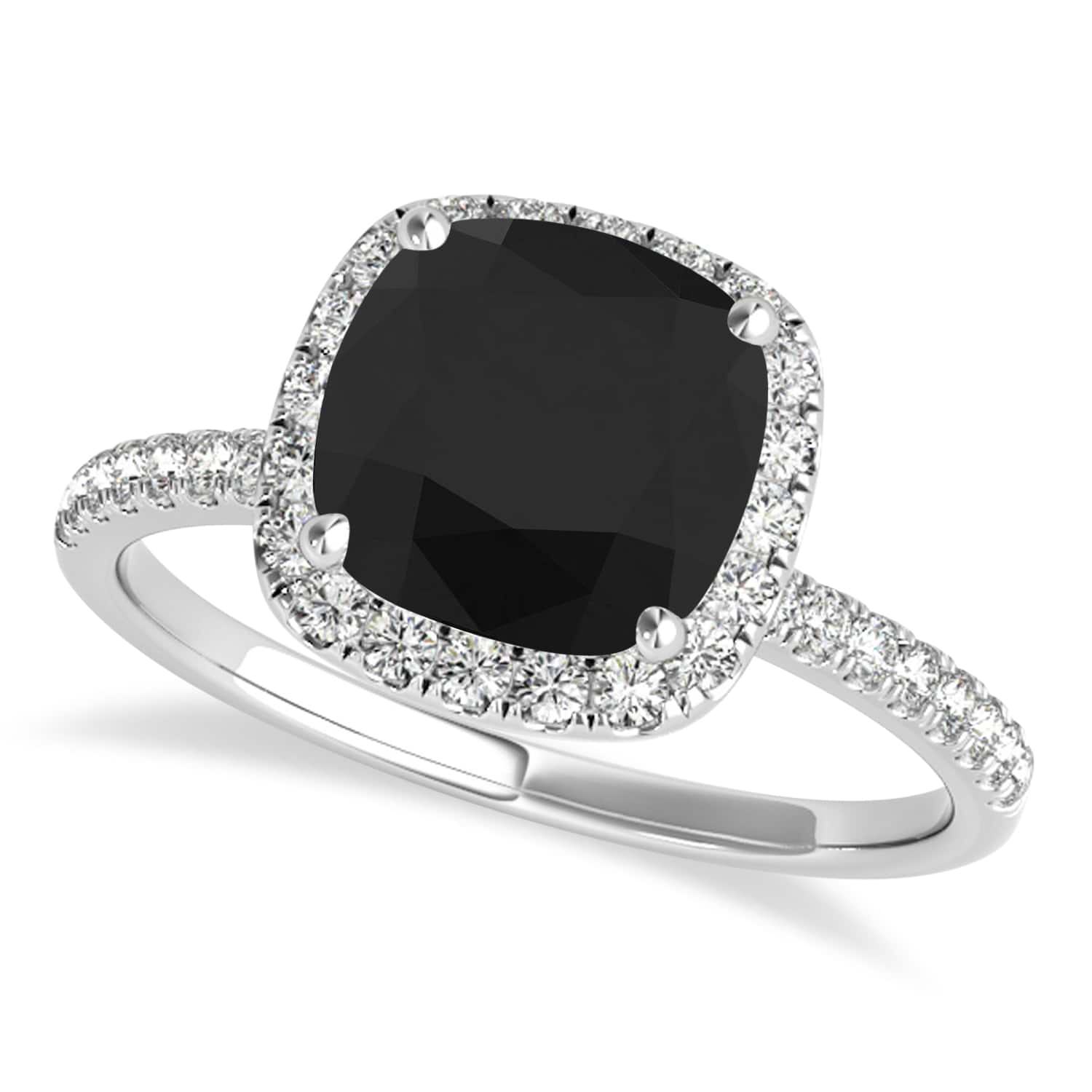 Cushion Black Diamond & Diamond Halo Engagement Ring French Pave 18k W. Gold 1.58ct