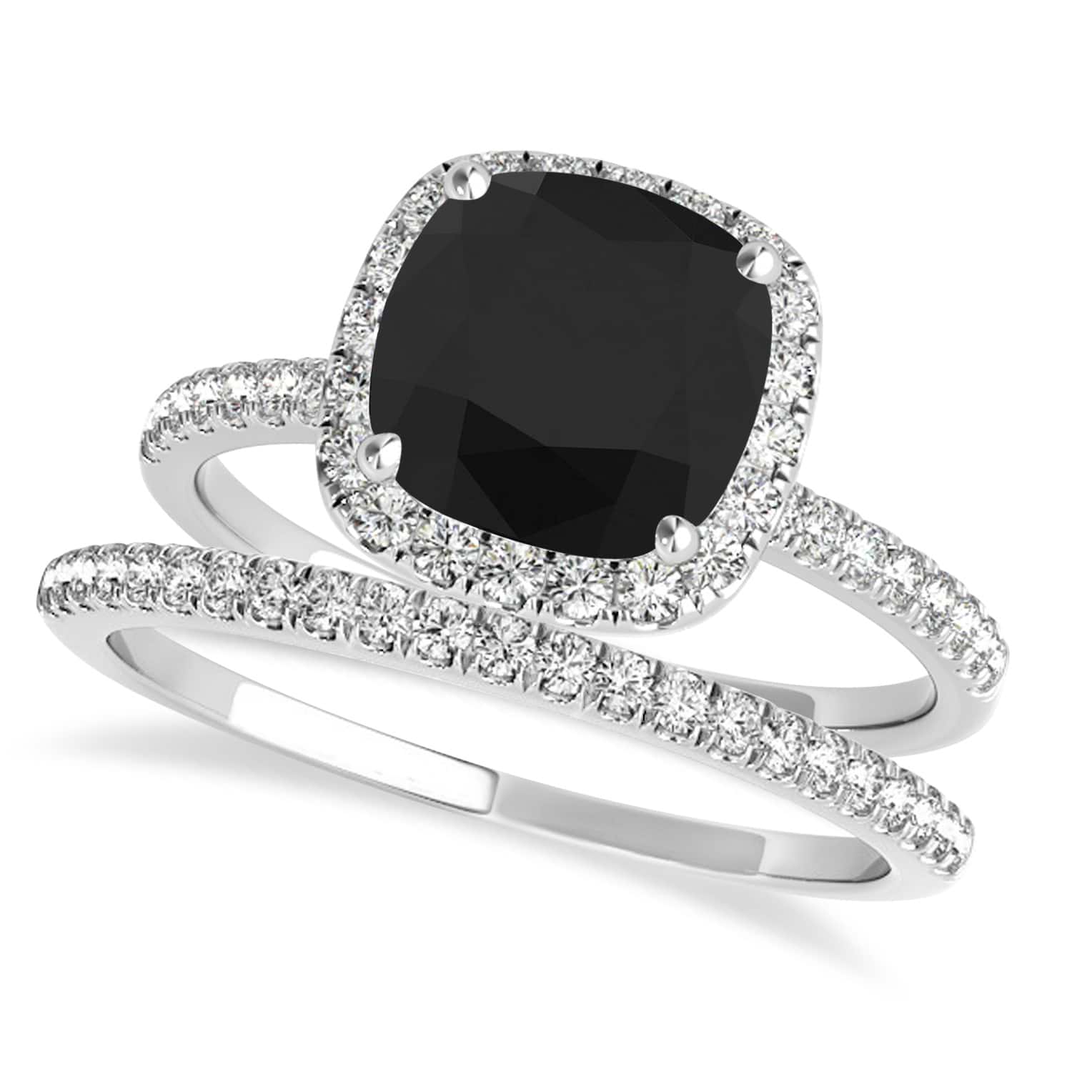 Cushion Black Diamond & Diamond Halo Bridal Set French Pave 14k White Gold 1.72ct