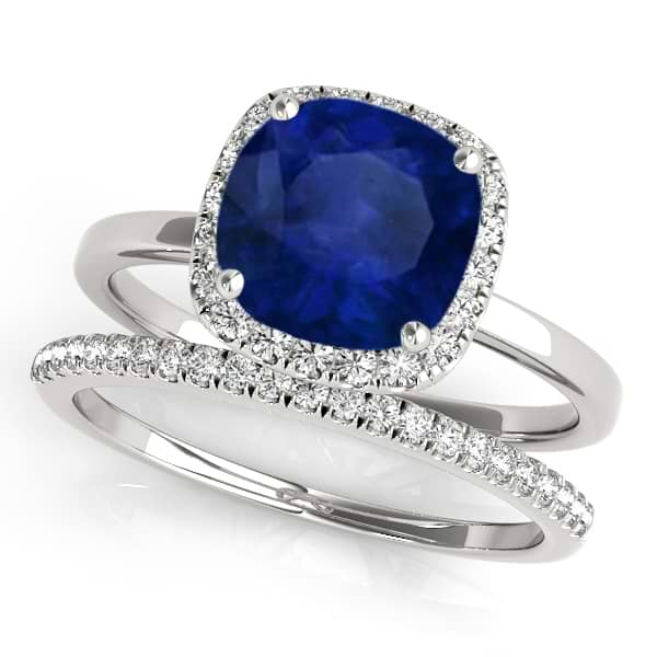Cushion Blue Sapphire & Diamond Halo Bridal Set 14k White Gold (1.14ct)