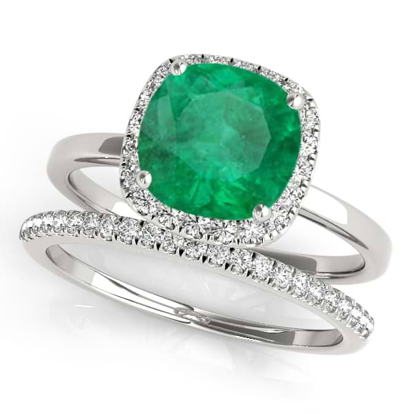 Cushion Emerald & Diamond Halo Bridal Set 14k White Gold (1.14ct)