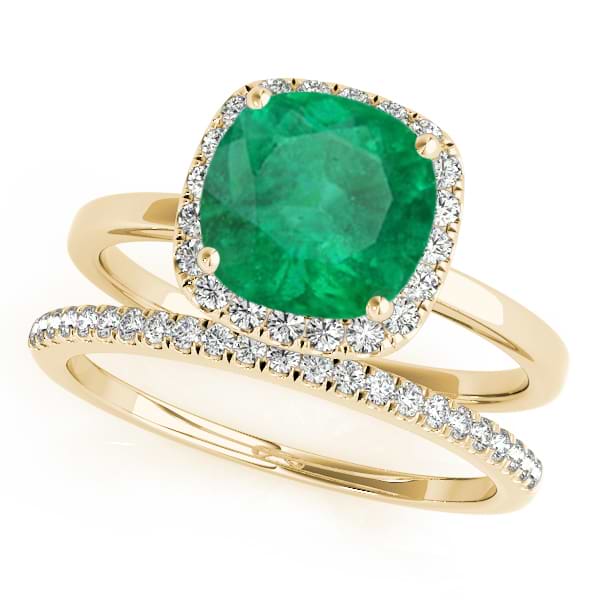 Cushion Emerald & Diamond Halo Bridal Set 18k Yellow Gold (1.14ct)