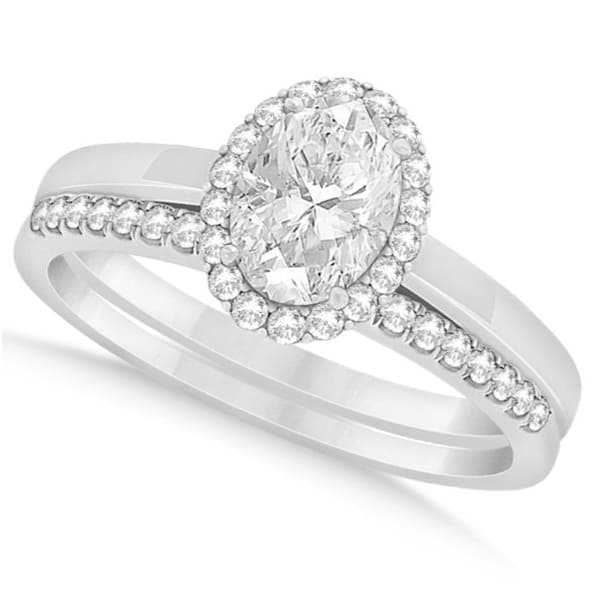 Oval Diamond Halo Engagement Bridal Ring Set 14k White Gold 0.75ct