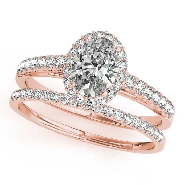Diamond Accented Halo Oval Shaped Bridal Set 14k Rose Gold (1.11ct)