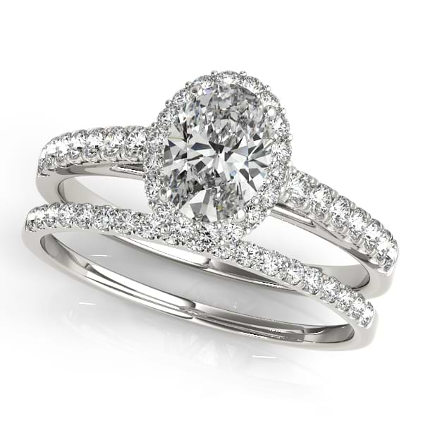 Diamond Accented Halo Oval Shaped Bridal Set 18k White Gold (1.11ct)