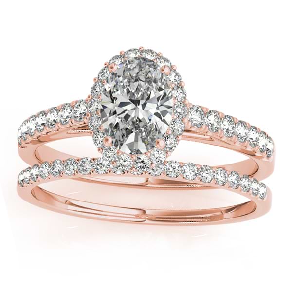 Diamond Accented Halo Oval Shaped Bridal Set 14k Rose Gold (0.37ct)