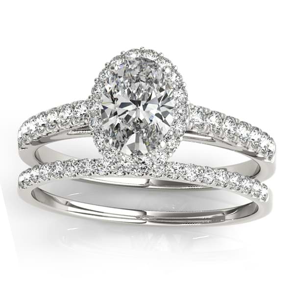 Diamond Accented Halo Oval Shaped Bridal Set 18k White Gold 0.37ct - NG5798