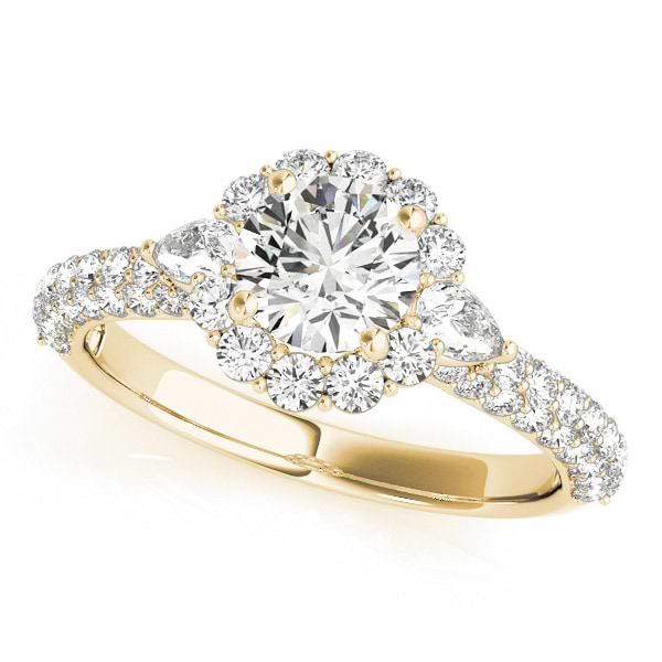 Flower Halo Pear Accents Diamond Engagement Ring 14k Yellow Gold 1.75ct