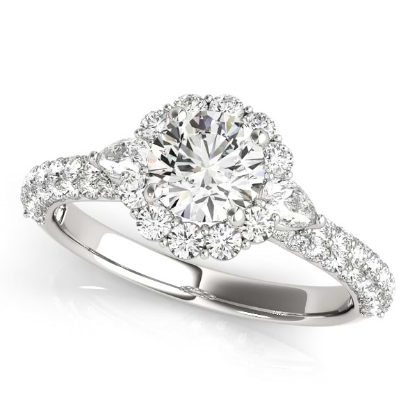 Flower Halo Pear Accents Diamond Engagement Ring 18k White Gold (1.75ct)