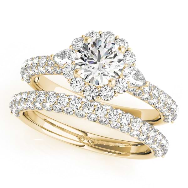 Pave' Flower Halo Pear Diamond Bridal Set 14k Yellow Gold 2.50ct