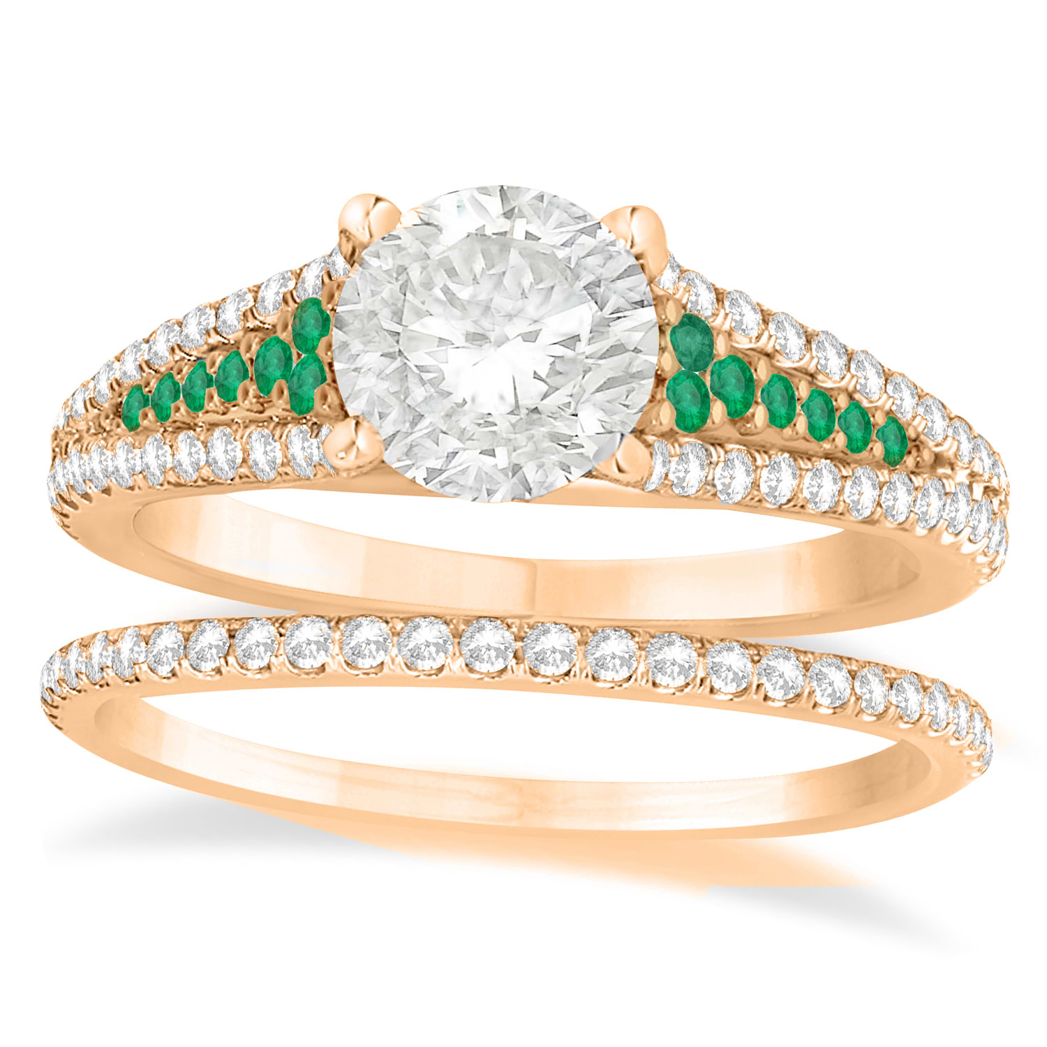 Emerald & Diamond 3 Row Bridal Set 14k Rose Gold (0.47ct)
