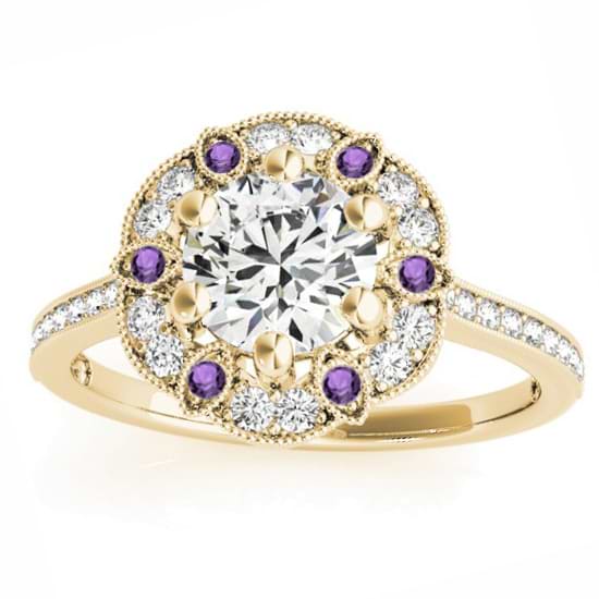 Amethyst & Diamond Floral Engagement Ring 18K Yellow Gold (0.23ct)