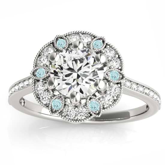 Aquamarine & Diamond Floral Engagement Ring 14K White Gold (0.23ct)