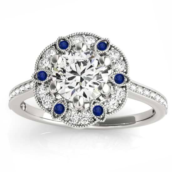 Blue Sapphire & Diamond Floral Engagement Ring Platinum (0.23ct)