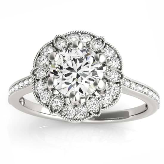 Diamond Accented Floral Halo Engagement Ring 18K White Gold (0.23ct)