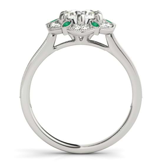 Emerald & Diamond Floral Engagement Ring 14K White Gold (0.23ct)